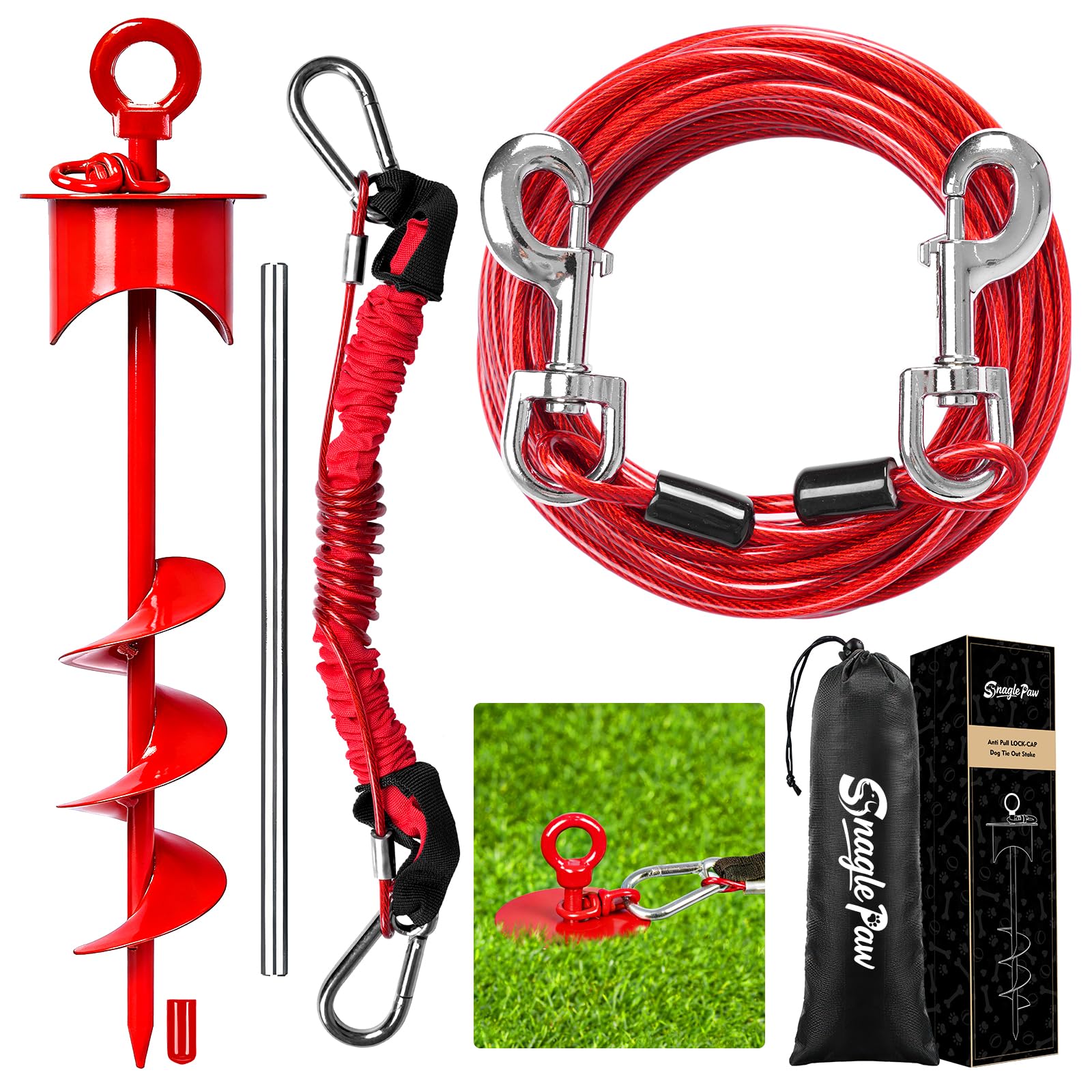 snagle paw dog tie out cable and stake with lock-cap,heavy duty 20ft dog yard leash & stake with sho
