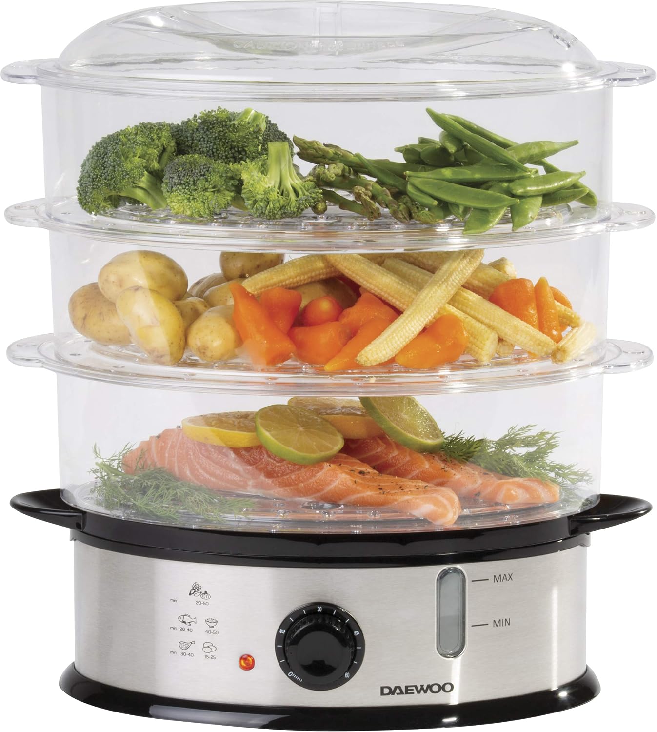 Daewoo 3 Tier Food Steamer, 1200W Electric Steamer with Timer, Rice Bowl & 3 Stackable Baskets, Easy Clean
