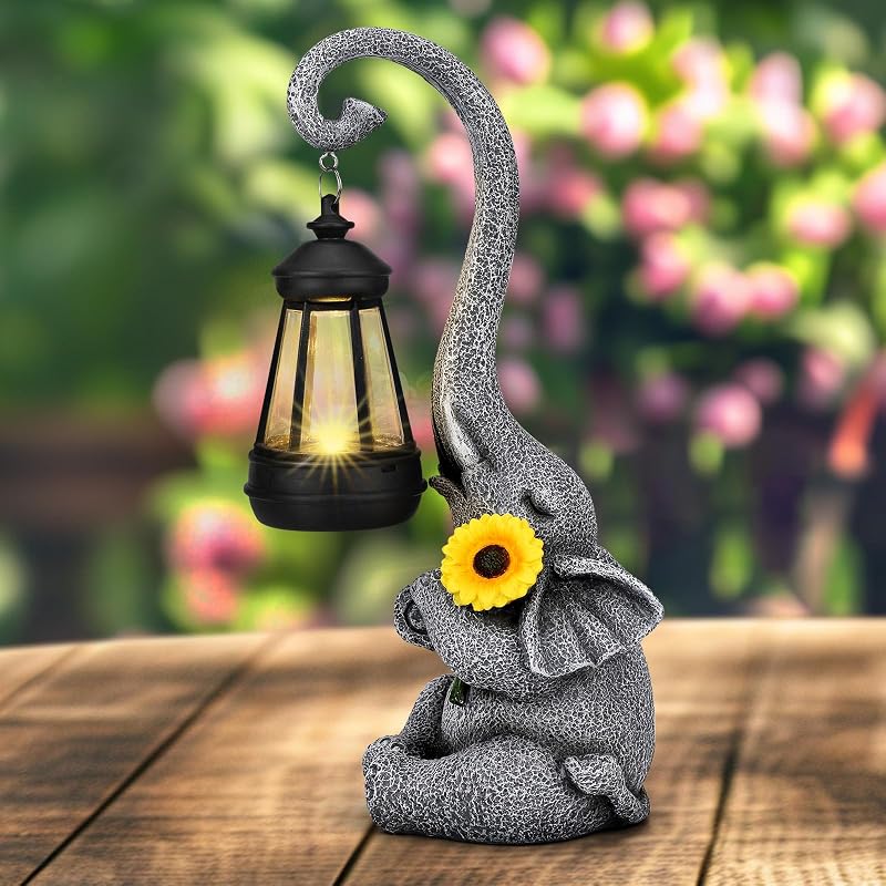 Eletorot Elephant Garden Solar Lantern Sunflower Outdoor Ornament 28cm