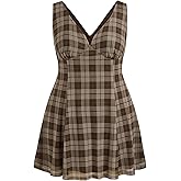 CIDER Mini Dress for Women V Neck Check Short Dress Casual Party Dress Curve & Plus Size Mini Dress