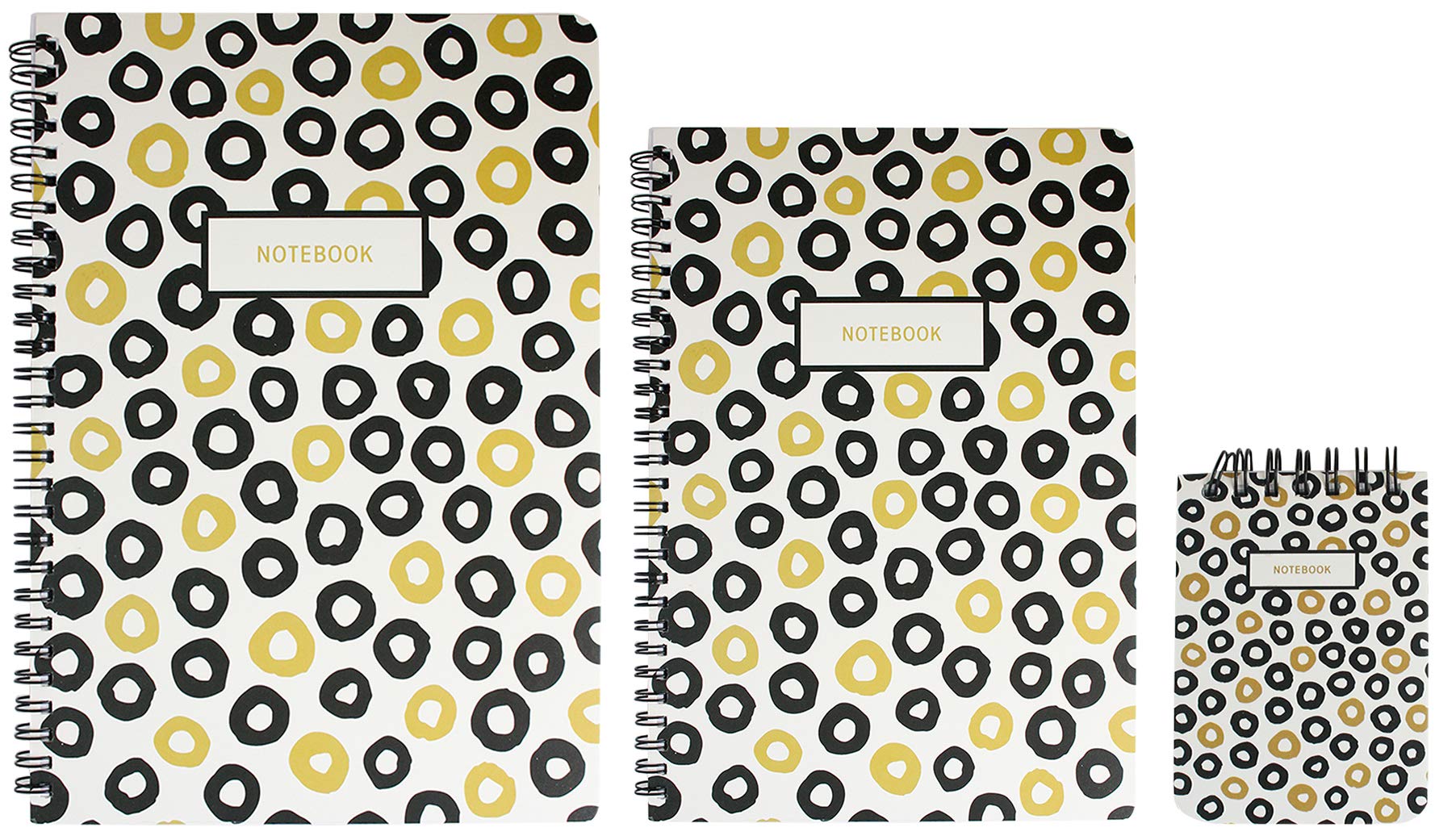 Emartbuy Black & Gold Doodle Hard Cover Spiral Exercise Book Diary Notebook Notepad Writing Journal Ruled B5, A5, A7 Size 80 Sheets (160 Pages) - Circles, Set of 3