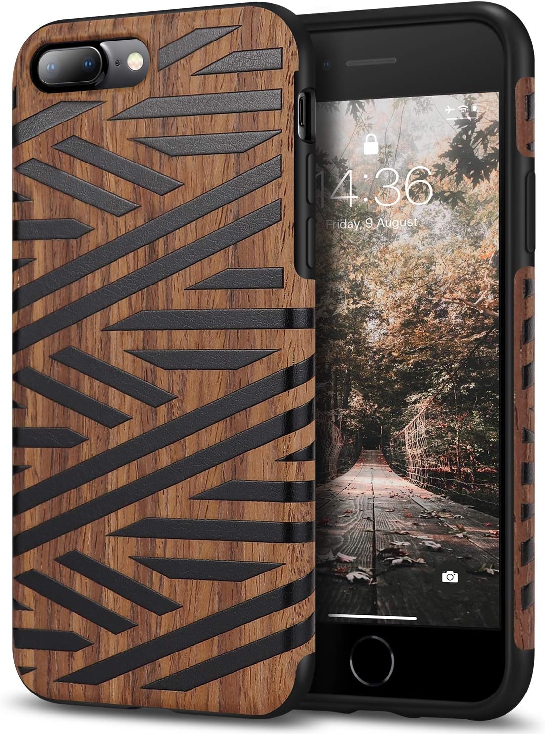 Tasikar Compatible with iPhone 7 Plus Case/iPhone 8 Plus Case Easy Grip with Wood Grain Design Slim Hybrid Case (Leather & Wood)