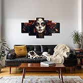 ARNLRDYA Day of The Dead Wall Decor Skull Makeup Girl Wall Art Marigold Mexico Poster Mexican Painting Floral Picture HD Canvas Printing Frame for Festivals Gift Home Decor Ready to Hang(60x32inch)