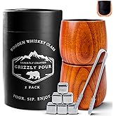 Premium Charred Wooden Whiskey Bourbon Drinking Glasses | Whisky Gifts for Men, Dad, or Brother | Handcrafted Old Fashioned Glasses Tumblers with 6 Stainless Steel Ice Cubes and Tongs | Set of 2