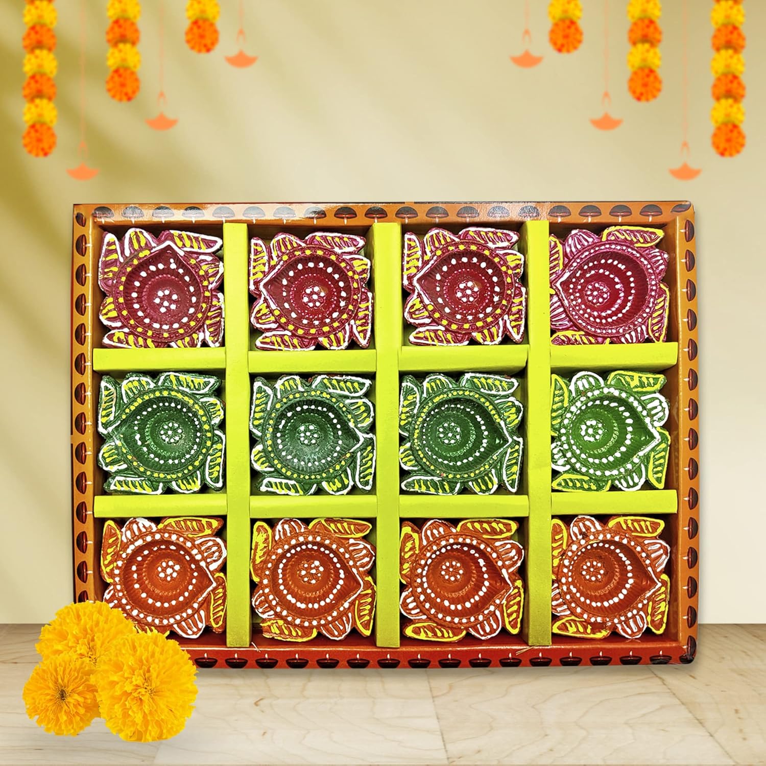 Oil Lamps & Accessories - Genieland 12 Pc Set of Multicolored Diwali Decoration Clay Diya. Handmade/Handcrafted Natural Earthen Oil Lamp/Traditional Diyas with Cotton Wicks Batti. Deepawali Diya Lamp.Earthen Oil lamp.