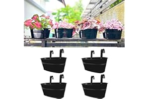 LaLaGreen Outdoor Rail Planter for Balcony (9.8 Inch, 4 Pack) Small and Cute Metal Black Metal Iron Fence Hanging Flower Pots
