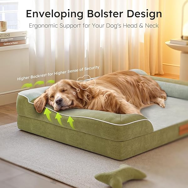 CWAWZ EXTRA LARGE DOG BED, ORTHOPEDIC DOG BED WITH COOLING GEL MEMORY FOAM, WATERPROOF XL PET BED WITH REMOVABLE WASHABLE COVER, 42″ PET SOFA COUCH DUTCH VELVET WITH BONE TOY, DARK GREEN