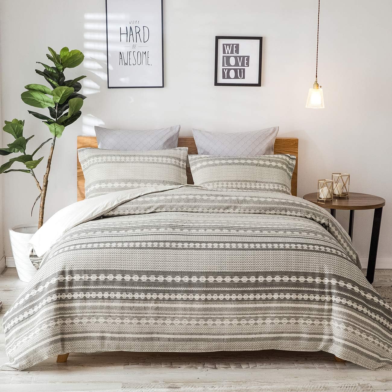 PHF Cotton Boho Textured Duvet Cover Set - Geometric Pattern Bedding Yarn Dyed Jacquard Stripe - Soft and Cozy, Suitable for All Season - 3 Pieces, King (106” x 92”), Grey: Home & Kitchen