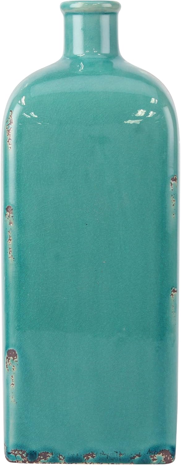 Stonebriar Decorative 12” Worn Turquoise Ceramic Bottle with Cross Detail, French Country Home Decor Accents, Vintage Vase Decoration for Dried or Artificial Flowers: Home & Kitchen