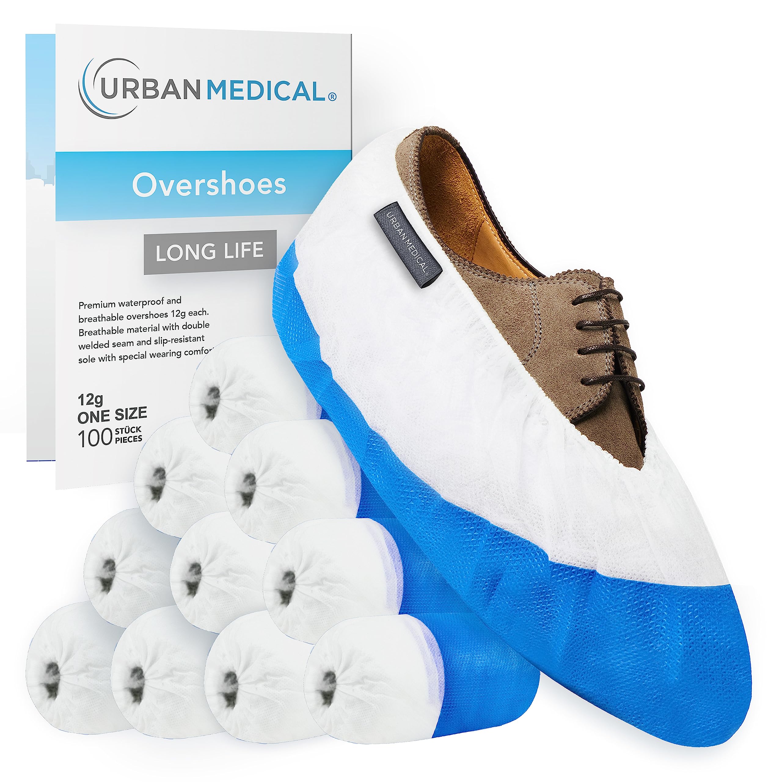 URBAN MEDICAL Long Life Overshoes with anti-slip sole | 100 pieces | heavy duty 12g per shoe | extra strong: Tear and puncture resistant | Waterproof with non-slip sole | Onesize |Indoor & Outdoor
