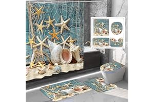 Amagical 4PCS Blue Seashells Starfish Nautical Shower Curtain Set Bathroom Mats Set,Sea Ocean Non-slip Pedestal Rug Carpet Toilet Cover Shower Curtain