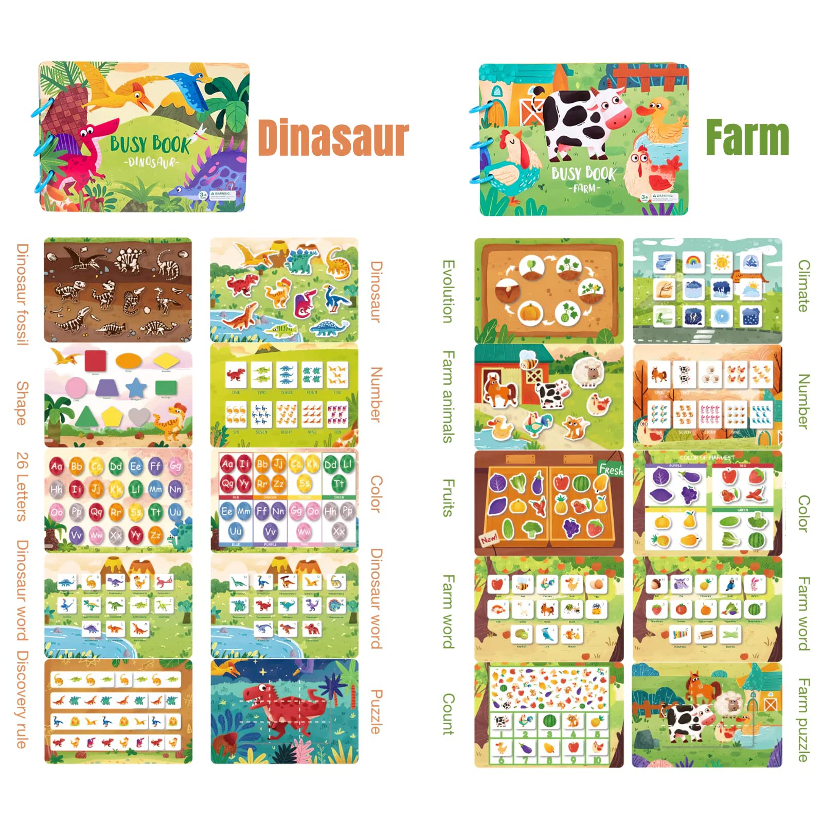 2 Pack DIY Montessori Busy Book for Toddlers, Montessori Quiet Book for Kids, Farm Dinosaur Preschool Learning Activities Learning & Education Toys