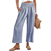 ANRABESS Women Striped Gingham Wide Leg Palazzo Pants Casual Lounge Cropped PJ Bottoms Comfy Cute Plaid Pants with Pockets