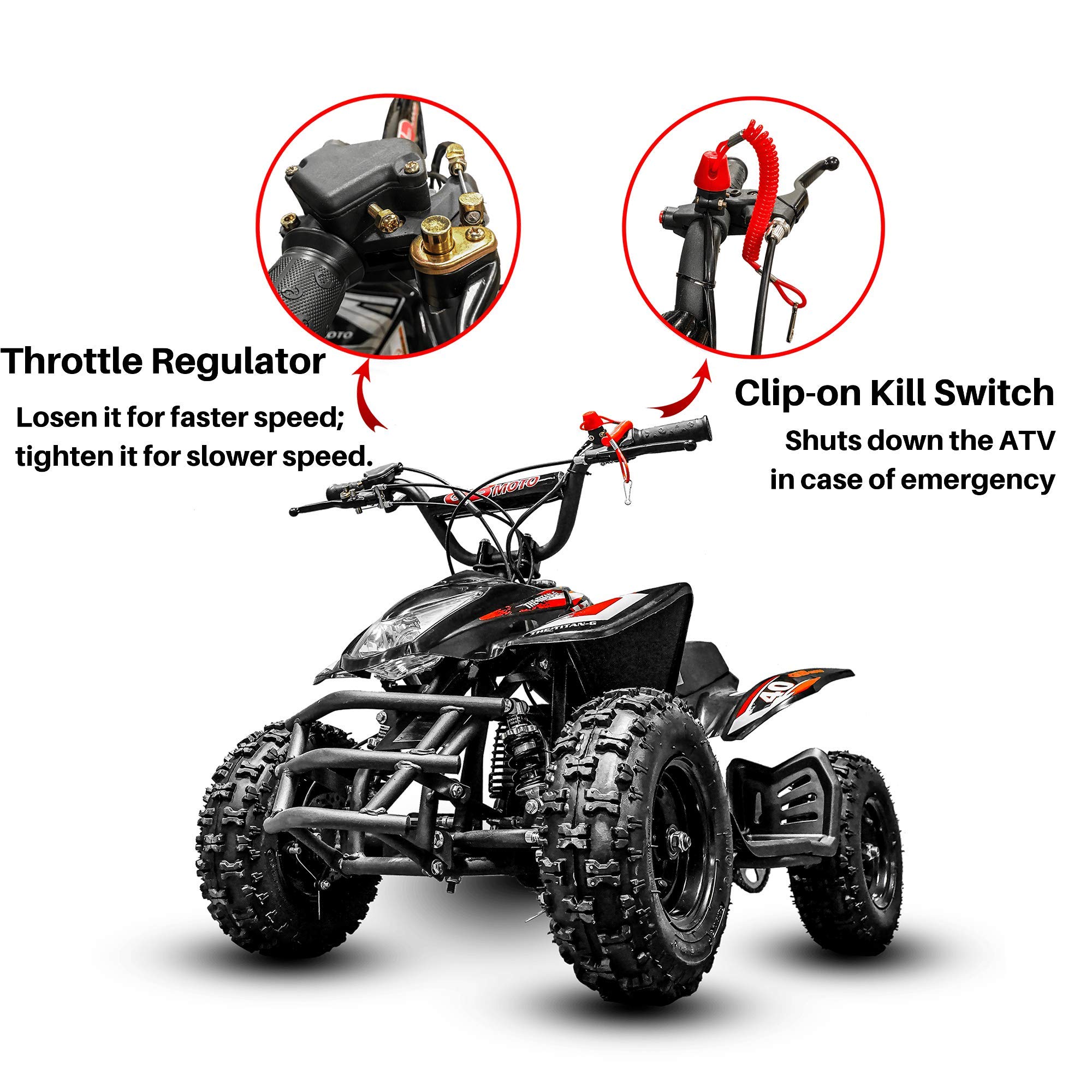 Titan 40CC 4Stroke kids four wheeler quads for kids Runs to up 24mph and supports up to 140
