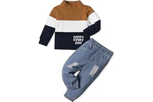 mksodopy Toddler Boy Clothes Color Block Sweater Jeans Boys Fall Winter Outifts Boy Clothing Set