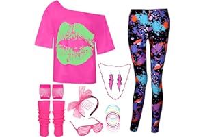 DANGCOS 80s Outfit Costumes Accessories for Women Off The Shoulder Tops Shirts Neon Leggings with Leg Warmers