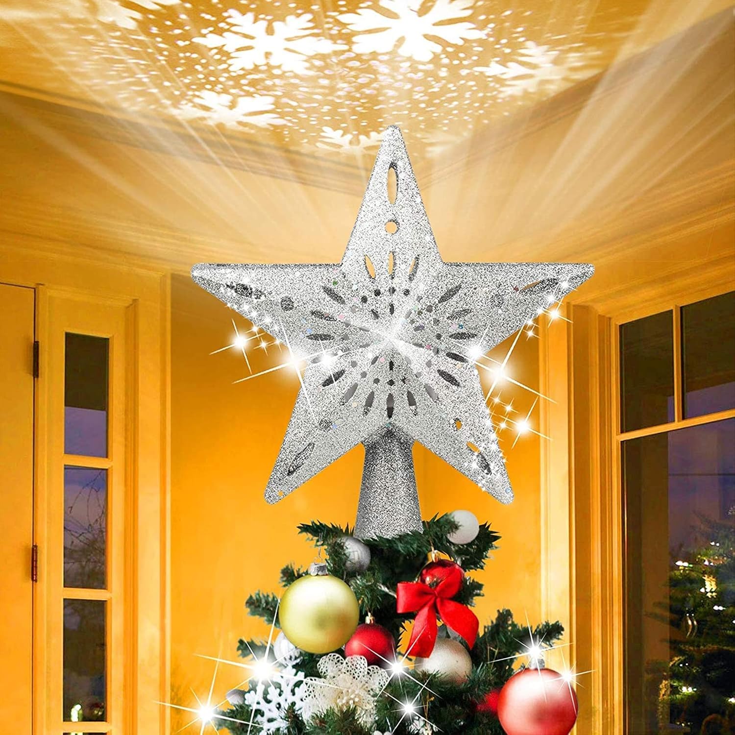Étoile De Sapin De Noël Dorée Avec Guirlande LED - Décoration Sommet De Sapin, Dimensions 22,7 X 17,5 Cm, Fixation Facile