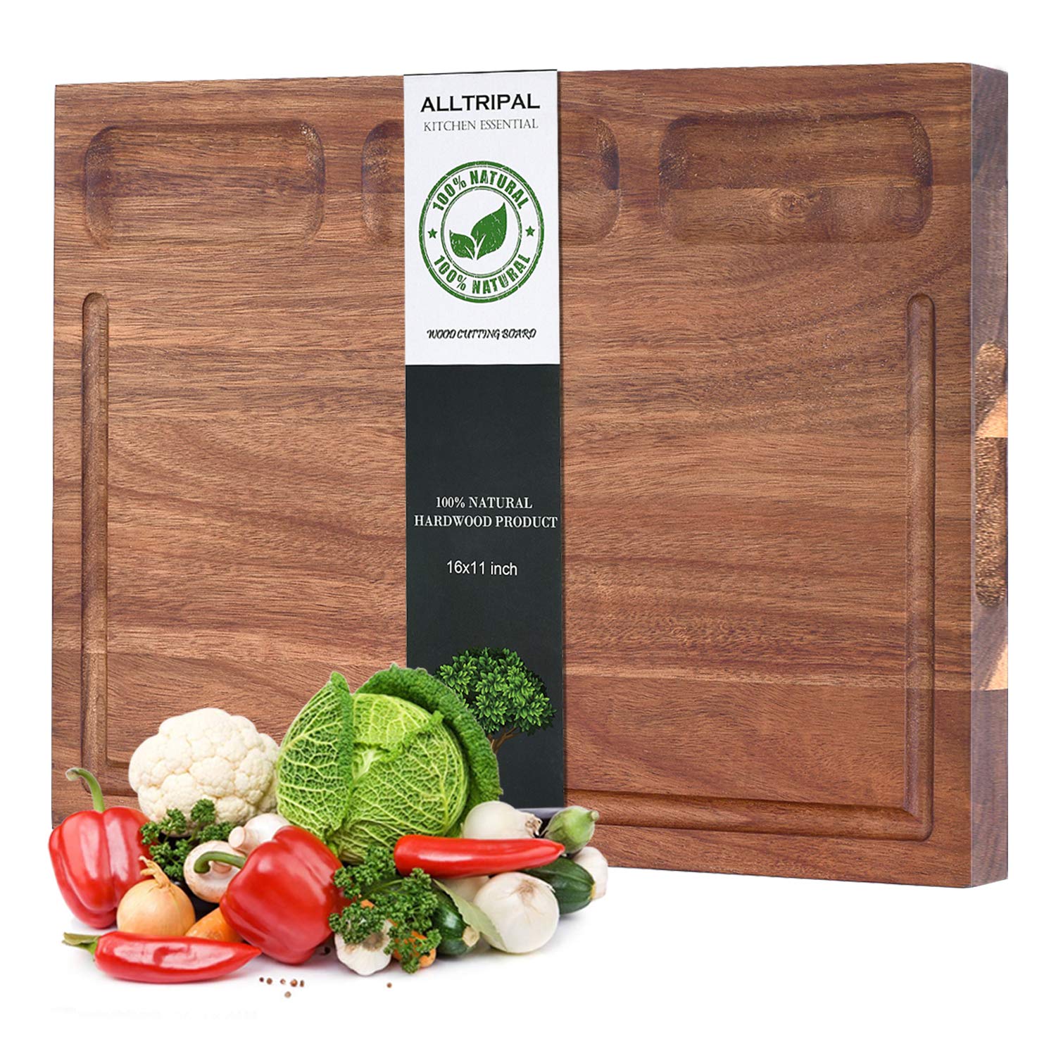 Organic Acacia Wood Cutting Board-Reversible Multipurpose Cutting Board For Kitchen-16x11 inch Juice Groove & 3 Cracker Holder
