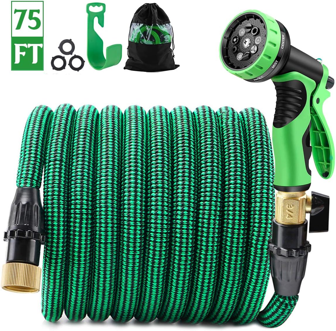 JSK Expandable Garden Hose 75FT - Flexible Water Hose with Superior Strength 3750D Fabric 3-Layers Latex Core 9-Function Spray Nozzle 3/4 Inch Brass Connectors No Kink Garden Hose Expandable : Garden & Outdoor