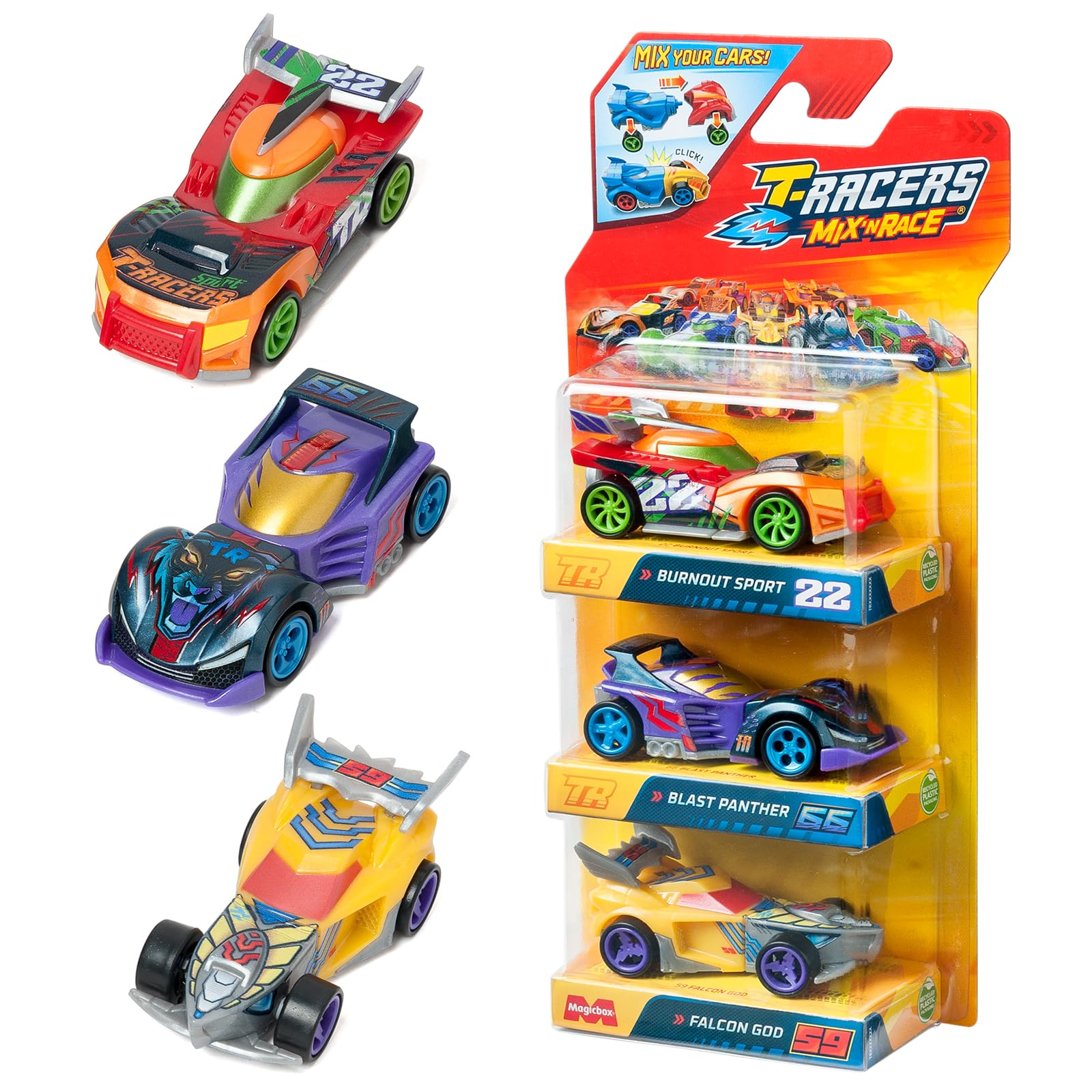 T-RACERS Mix ´N RACE 3 Pack – Pack of 3 collectible cars. Each car can be split in two with interchangeable parts and wheels. Pack 2/12