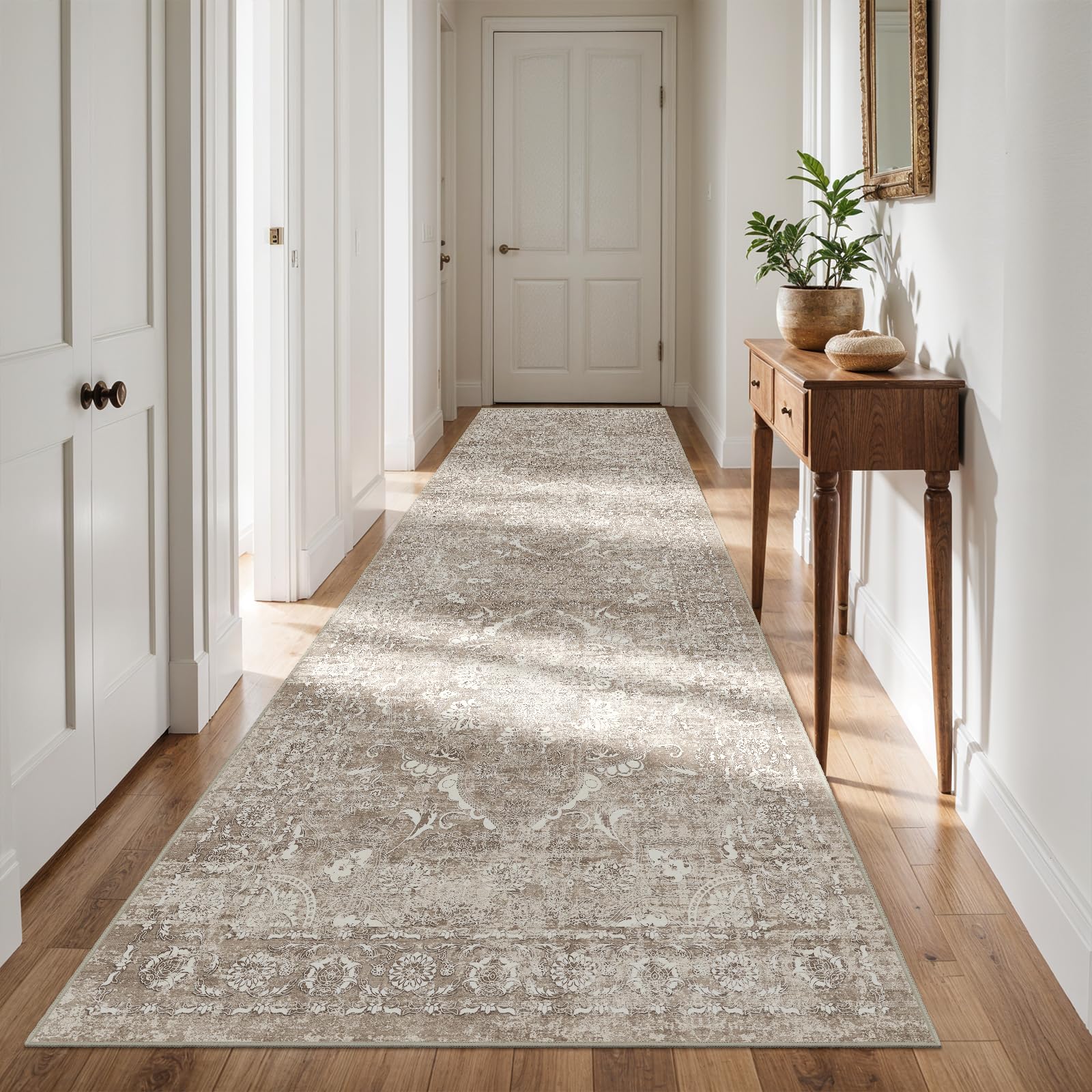 Photo 1 of 4x12 Washable Hallway Runner Rug - Wide Kitchen Runners Vintage Low Pile Carpet Soft Thin Floor Runner with Rubber Backing for Entryway Bedroom Living Room Home Decor (Beige)