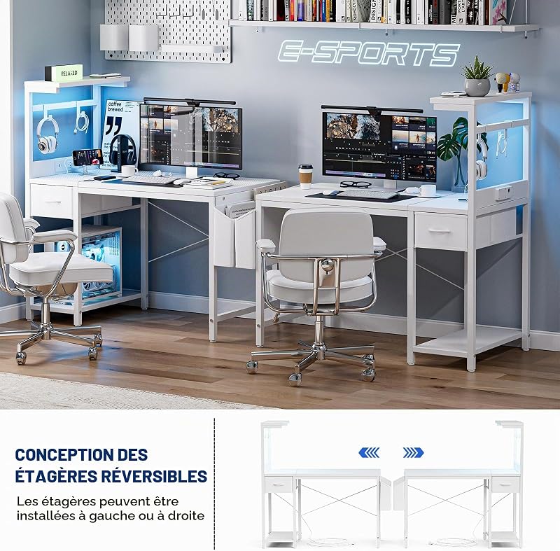 Bureau Gaming Réversible, 120x50 cm Bureau d'angle en L avec Port de Charge USB et Prise de Courant, Table Ordinateur avec Support d'écran pour Chambre Domicile Maison Blanc