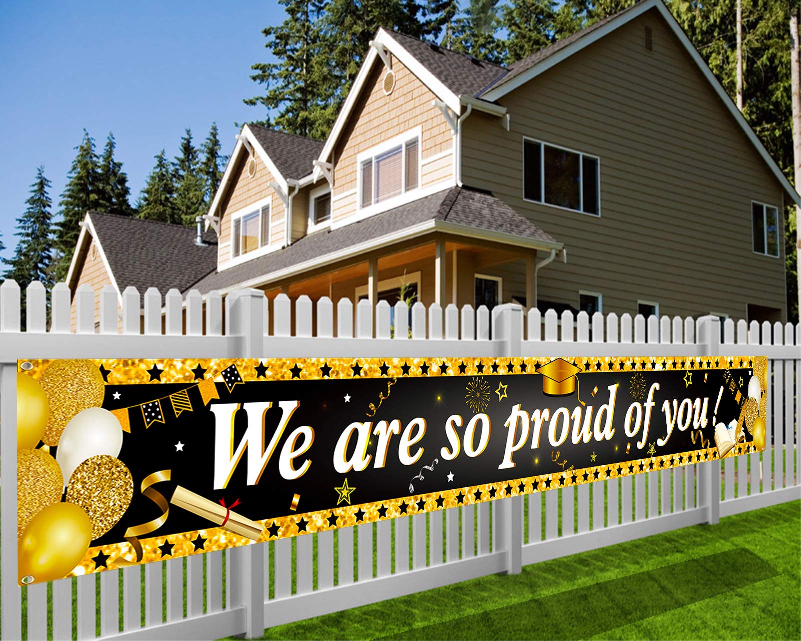 HOWAF Long Banner We Are So Proud Of You Decoration Graduation Black Gold, Graduation Party Banner Decoration for Outdoor Indoor Decoration Table Wall Room, 270 x 36cm
