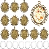 Aysatogc 60 Pcs Gold Pendant Trays Kit, 30Pcs Large Oval Pendant Trays with 30 Glass Cabochons for Bridal Wedding Bouquet Graduation Photo Charm Making DIY (25x18mm)