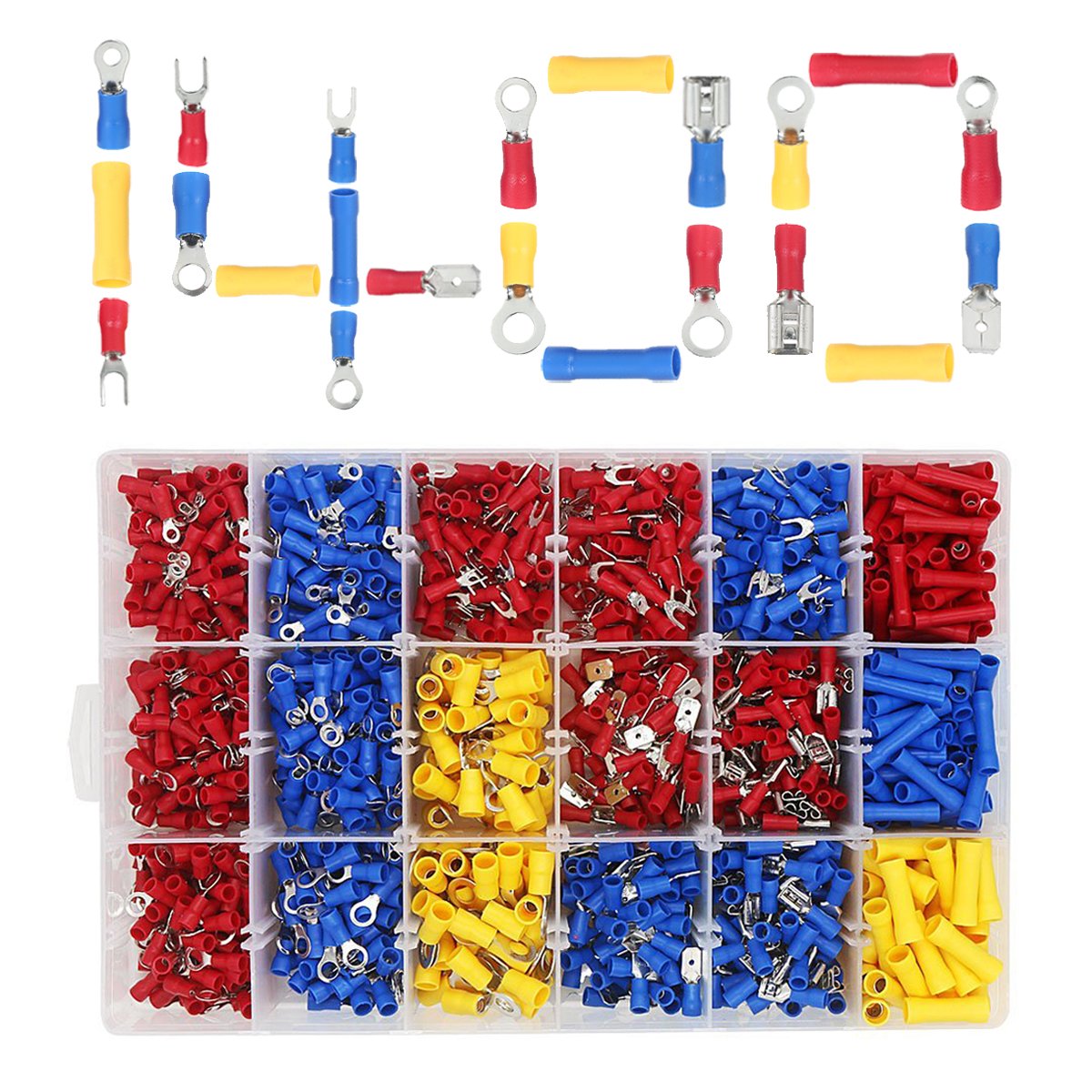 ULIFEME 1400pcs Electrical Wire Connectors Assorted Insulated Crimp Terminal Kit, Spade, Ring, Lug and Butt Pack Crimp Connectors, Blue, Yellow and Red Connectors Set with One Transparent Case Storage