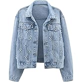 Kedera Women's Oversized Denim Jacket Trendy Lightweight Embroidered Short Rivet Pearls Beaded Jean Coats Fall Outerwear