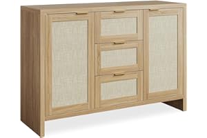 MilleLoom Modern Rattan Sideboard Buffet Cabinet with Storage, 47 in Wooden Coffee Bar Cabinet for Entryway/Living Room/Farmh