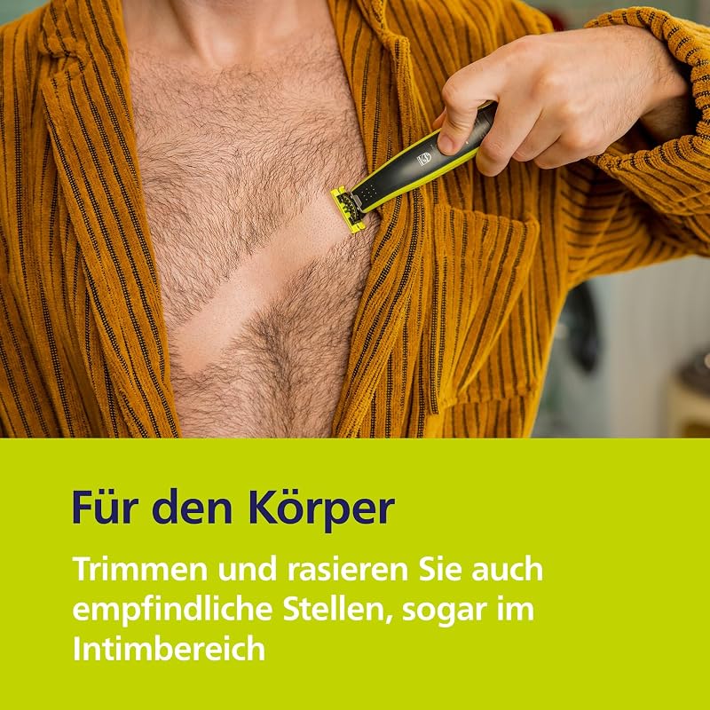 OneBlade 360 Face & Body - elektrischer Rasierer, Trimmer & Bodygroomer, 3x 360 Klingen, 4x Trimmaufsätze (1/2/3/5 mm), 2x Körperaufsätze, Nass- & Trockenrasur für Gesicht & Körper (QP2834/31)