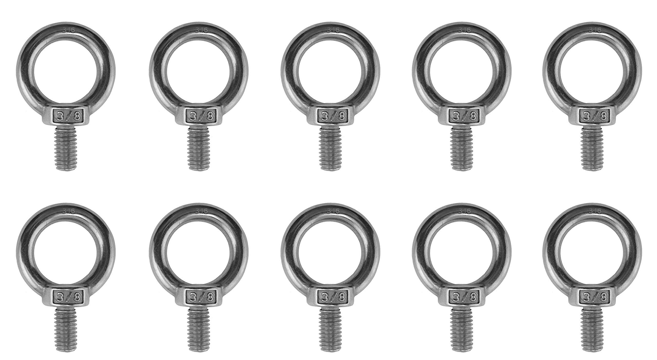 10 Pieces Stainless Steel 316 3/8" Lifting Eye Bolt 3/8" UNC Marine Grade