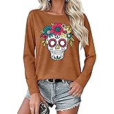 Day of The Dead Shirts Women: Dia De Los Muertos Graphic Tee Shirt Halloween Long Sleeve Tops