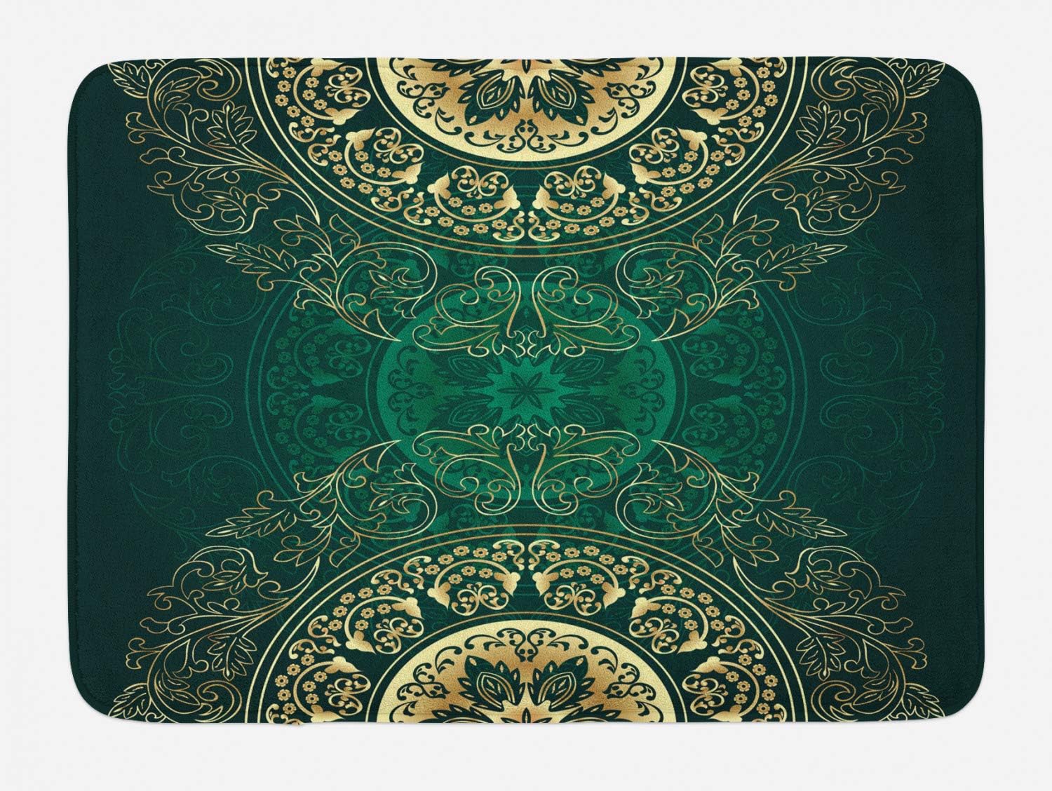 Lunarable Hunter Green Bath Mat, Retro Oriental Mandala Style Floral Circle Antique Swirls Pattern, Plush Bathroom Decor Mat with Non Slip Backing, 29.5" X 17.5", Green Yellow