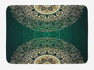 Lunarable Hunter Green Bath Mat, Retro Oriental Mandala Style Floral Circle Antique Swirls Pattern, Plush Bathroom Decor Mat with Non Slip Backing, 29.5" X 17.5", Green Yellow