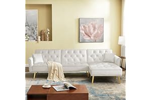 ERYE White L-Shaped Corner Tufted Sofa Convertible Couch Bed,Velvet Sleeper & Sectional Sofabed W/Reversible Chaise,Movable Ottoman for Home Office Apartment Living Room