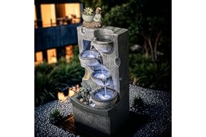 SMILKAT 23.43" H Outdoor Water Fountain, 5 Tiers Bowls Garden Water Fountains with LED Light, Modern Natural Waterfall Fountain for Garden, Patio, Yard and Home Art Decor