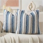 Zealax Modern Farmhouse Decorative Pillow Covers 18x18 Inch Boho Throw Pillows Neutral Soft Chenille Couch Cushion Covers, Set of 2 Velvet Striped Accent Pillows Cases for Sofa Bed Living Room, Blue