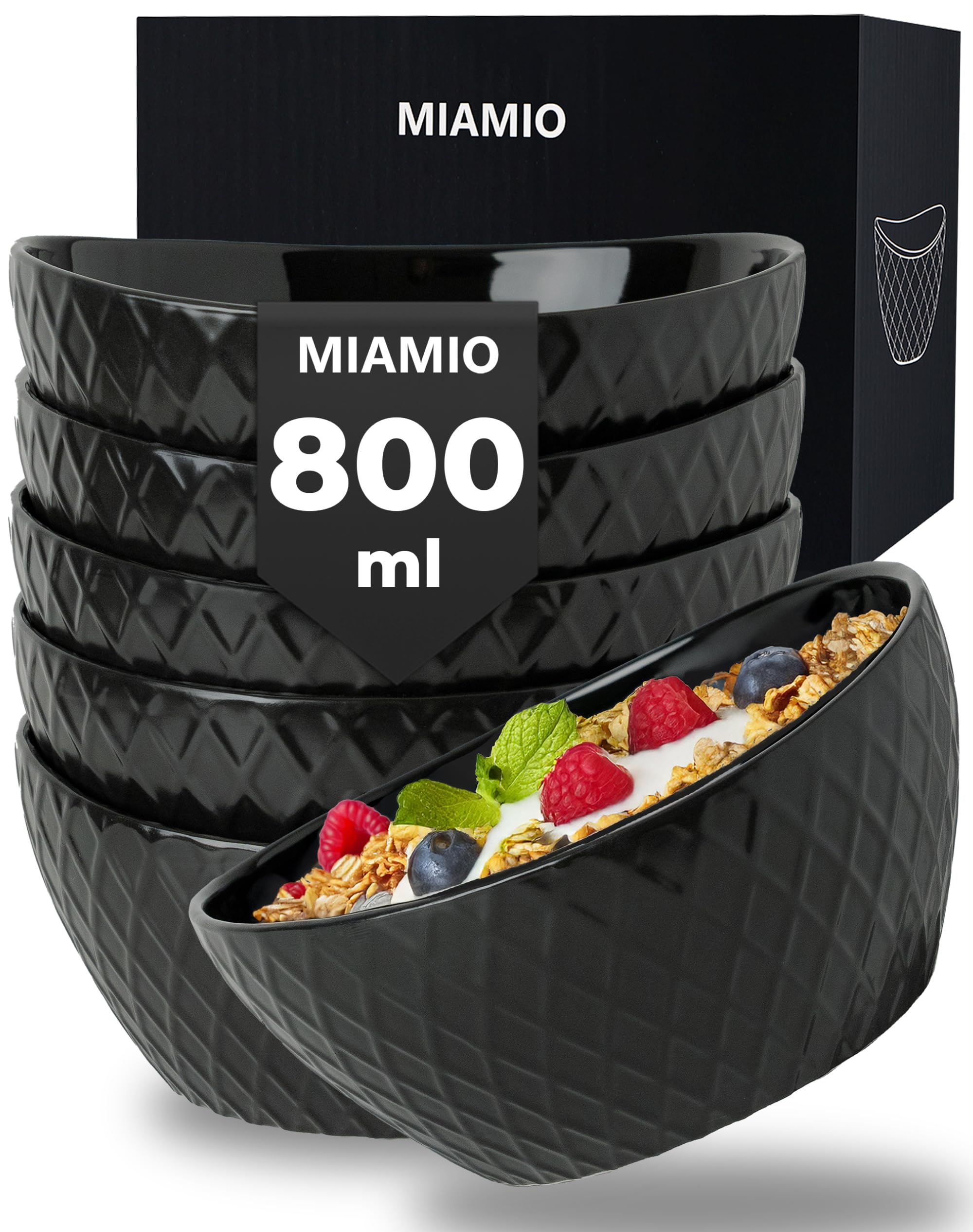 MIAMIO - 6 x 800 ml - Bowl Set/Cereal Bowl Set - Modern Bowls Matte – Bowls Set Large - Palmanova Collection (Black)