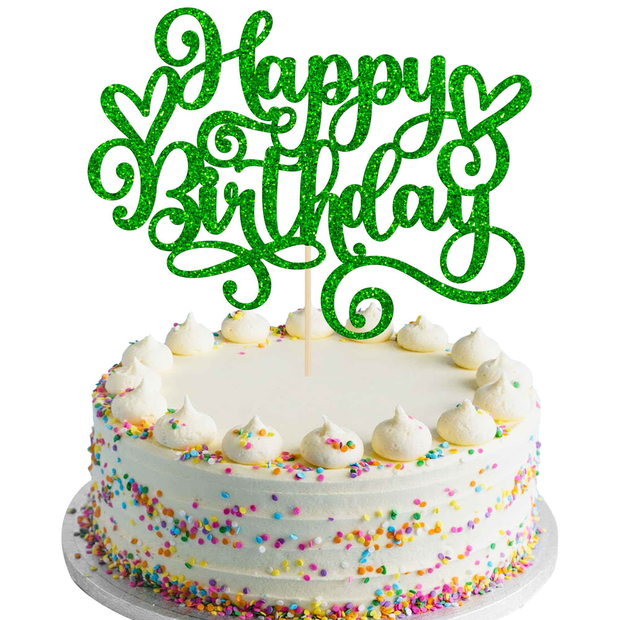 Gyufise Happy Birthday Cake Topper Glitter Cake Pick for Celebrating Anniversary Party Cake Decorations Supplies Green (1Pcs)