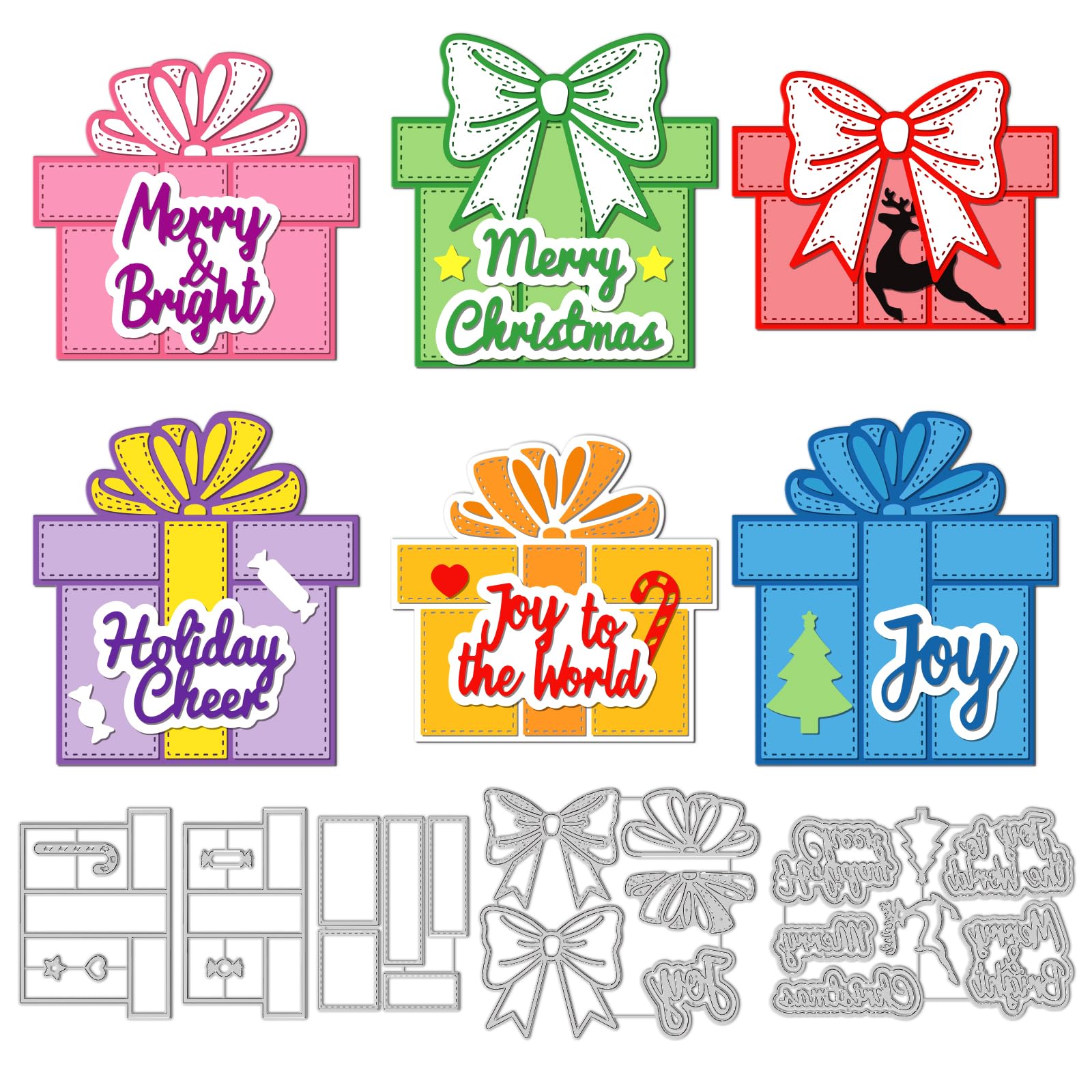 GLOBLELAND Christmas Box and Text Cutting Dies for DIY Scrapbooking Metal Christmas Celebration Bowknot Die Cuts Embossing Stencils Template for Paper Card Making Album Craft Decor