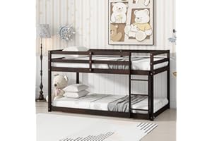 LUKEEHOM Bunk Bed Twin Over Twin, Wood Low Profile Floor Twin Bunk Beds with Ladder Guardrails for Kids Boys and Girls, No Box Spring Needed