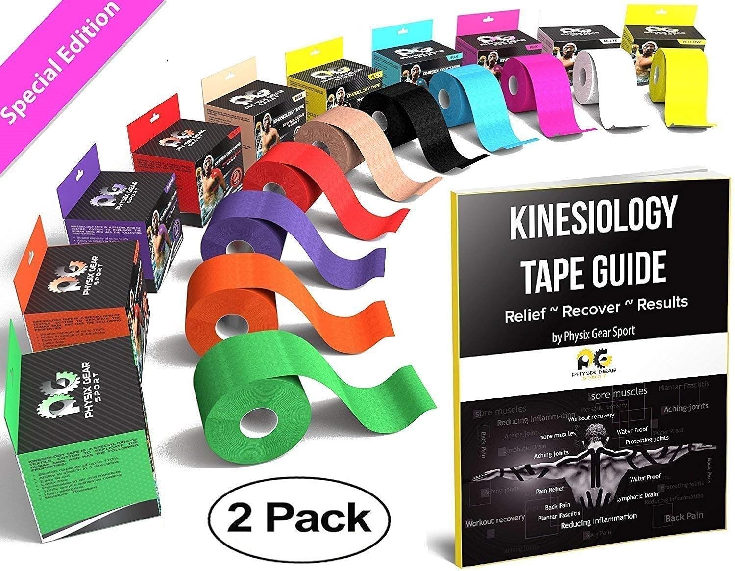 Physix Gear Sport Waterproof Kinesiology Tape 16ft Uncut Roll with 82pg EGuide - Ktapes Kinesiology Tape, Knee Tape for Knee,  Muscle Tape Kinesiology Tape for Sports Taping, Weightlifting Tape