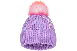 KDVOG Kids Winter Knit Hat with Pompom - Sparkly Sequin & Pearl Rhinestone Beanie, Warm Ski Cap for Boys & Girls Ages 3-14