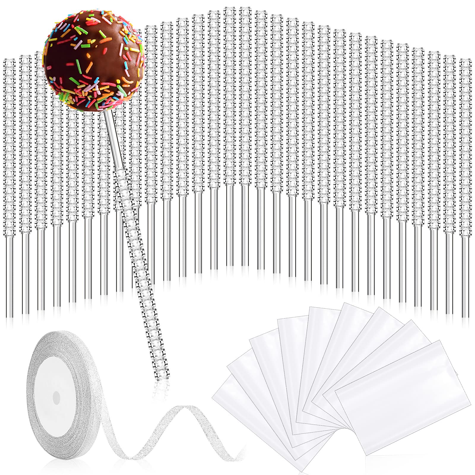 Photo 1 of 133 Pcs Bling Acrylic Lollipop Sticks Set Rhinestone Cake Pop Sticks with Glass Bags and Silver Glitter Ribbons Tie for Cake Fruit Candy Party Favor