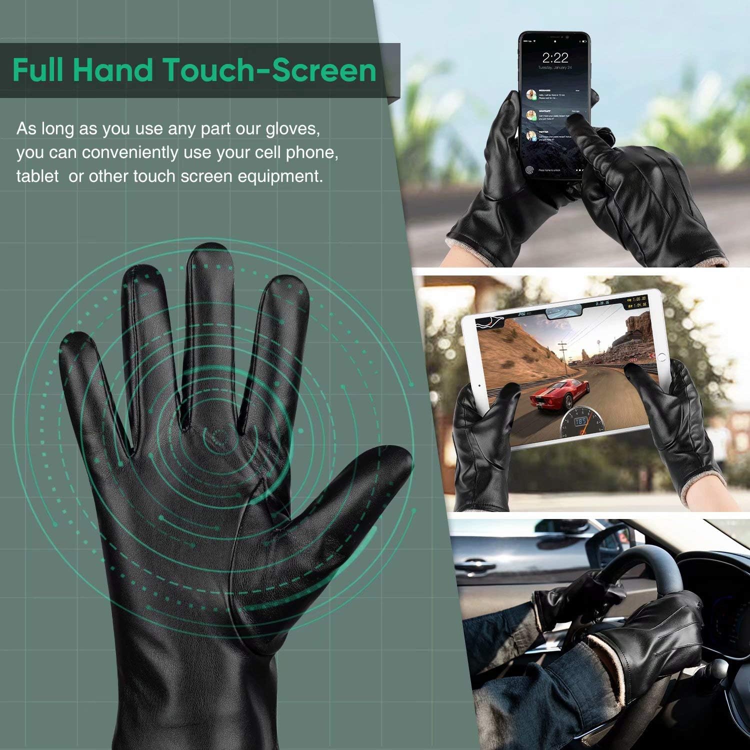 Winter PU Leather Gloves For Men, Warm Thermal Touchscreen Texting Typing Dress Driving Motorcycle Gloves With Wool Lining at  Men’s Clothing store