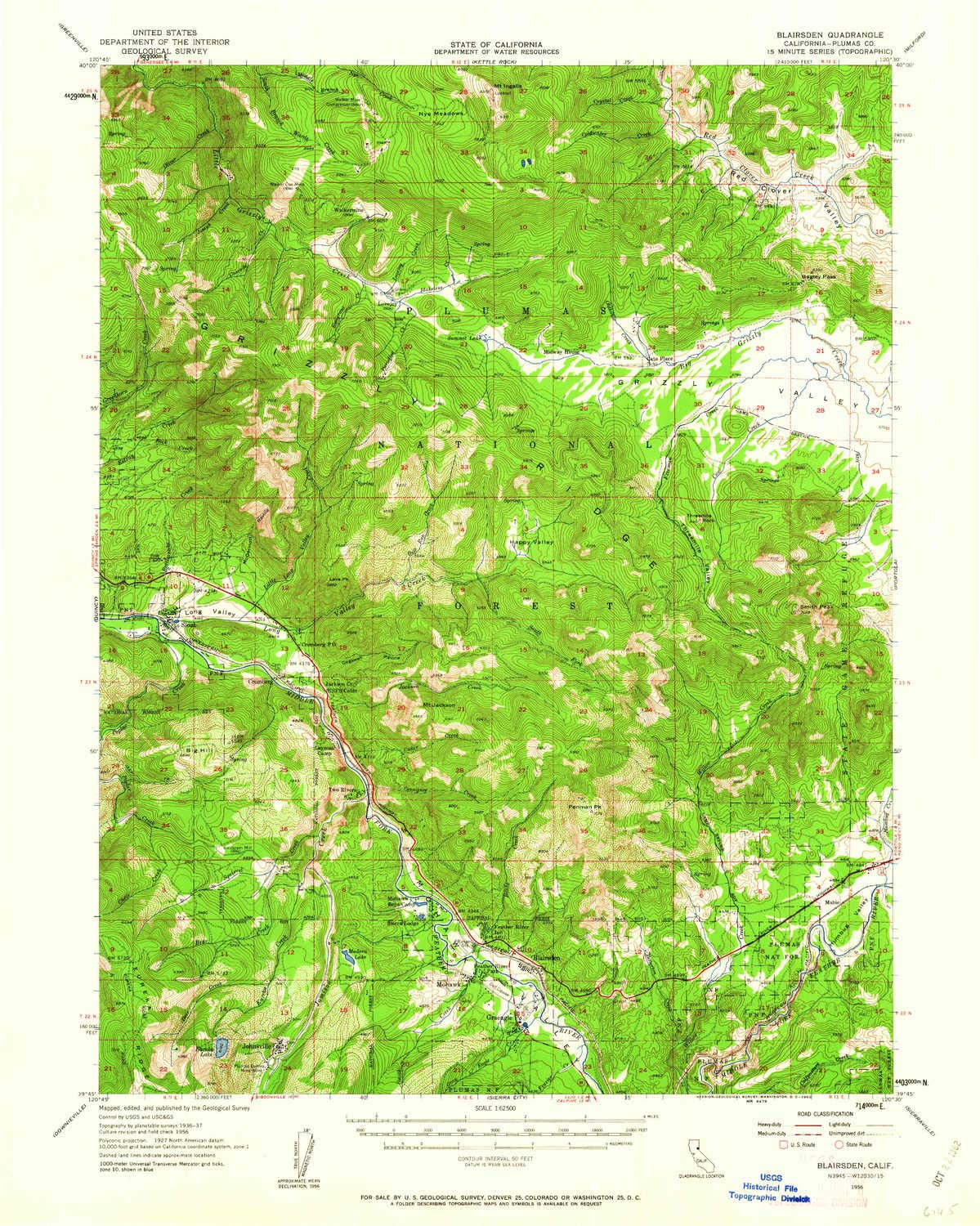 YellowMaps Blairsden CA topo map, 1:62500 Scale, 15 X 15 Minute, Historical, 1956, Updated 1962, 20.8 x 16.7 in