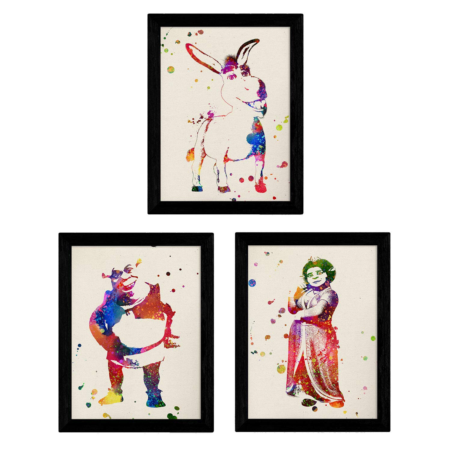 Nacnic Set of three color burst style sheets. Movie posters Shrek, Fiona and Donkey in A3 size Background color acurela unframed