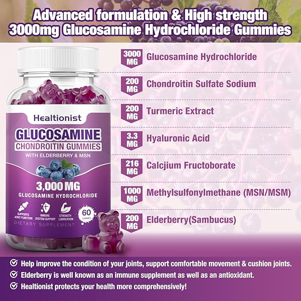HEALTIONIST 2 PACKS 3000MG GLUCOSAMINE CHONDROITIN GUMMIES WITH MSM & ELDERBERRY – EXTRA STRENGTH JOINT HEALTH, FLEXIBILITY, ANTIOXIDANT IMMUNE SUPPORT SUPPLEMENT GUMMY FOR ADULTS, MEN & WOMEN 120 CTS